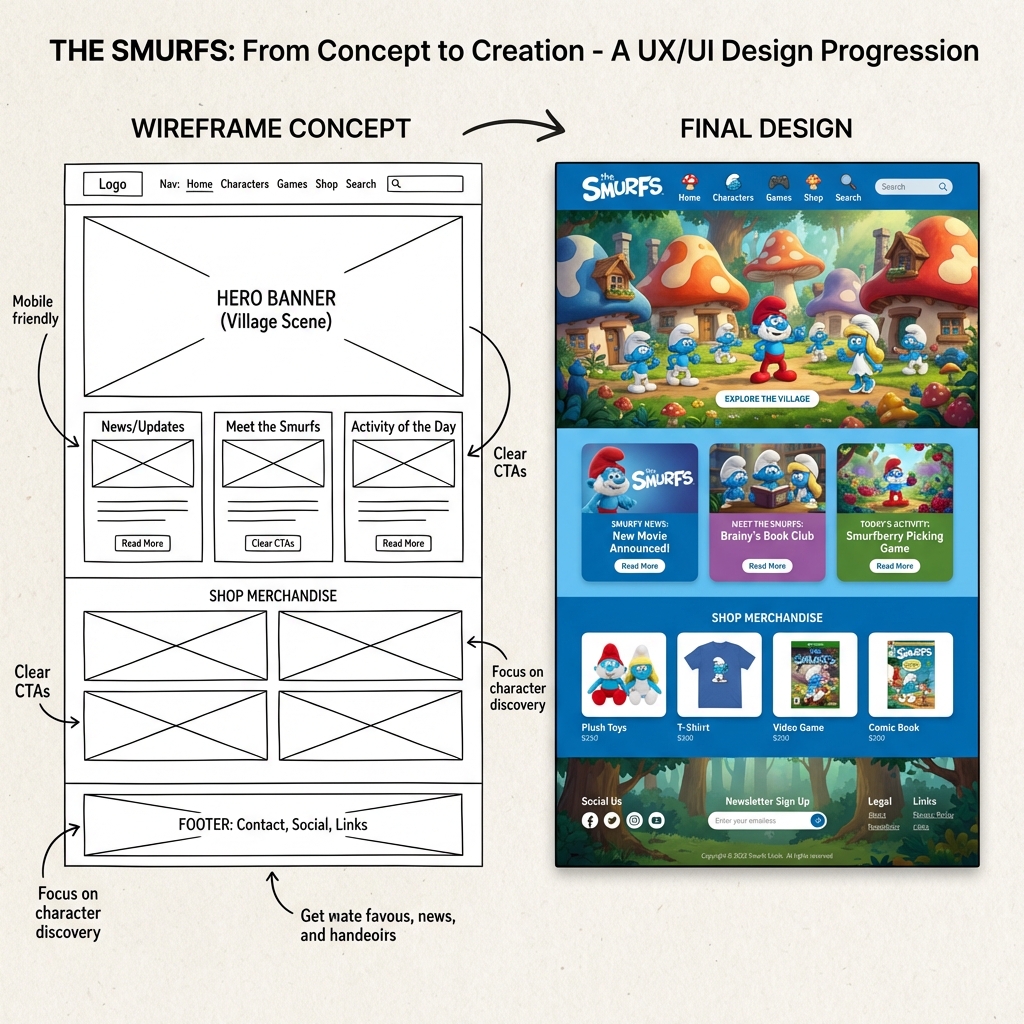 Wireframes du site Les Schtroumpfs